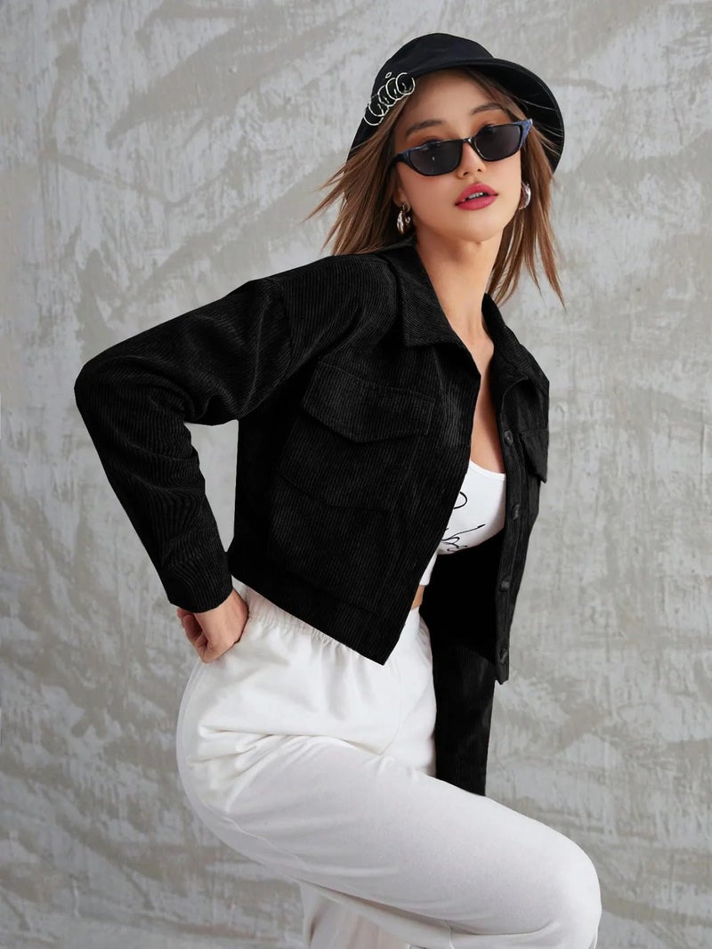 SMOWKLY Women’s Cotton Blend Cropped Jacket with Two Pockets| Casual Button Down Shirt| Stylish Lightweight Outerwear for Women’s | Long Sleeve Jacket for Regular Wear - Image 2