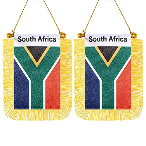 CANTENDO 2 Pack South Africa Window Hanging Flag,Mini South African people Car Flag with Pole Tassel Suction Cup Rearview Mirror Decoration(3x5 Inch) - Image 1