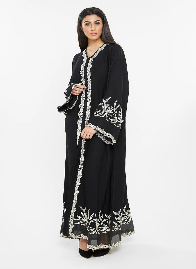 NUKHBAA Casual abaya with cream leafy crochet embroidery detail-SQ197A