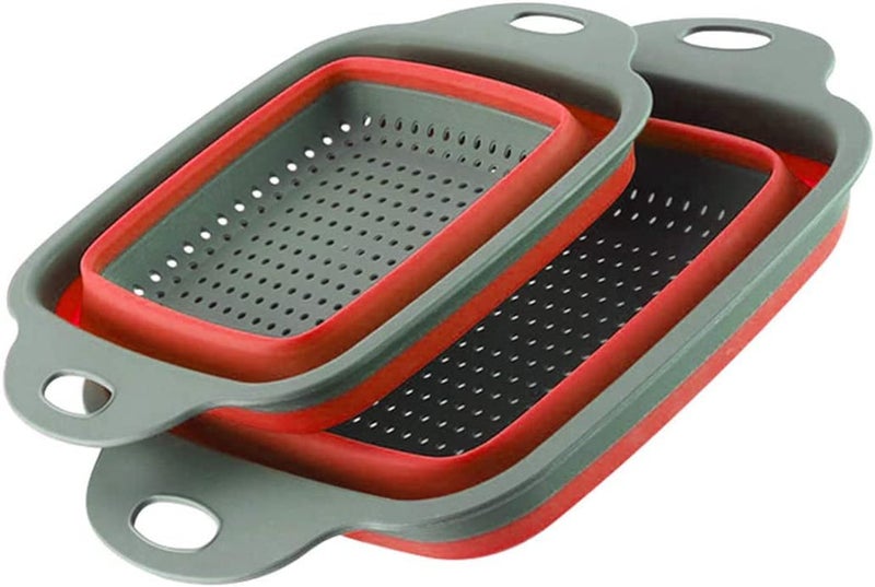 TASKHOUSE Collapsible Colander Set Silicone Colander Strainers 2 Pieces Vegetable Basin Pasta Vegetables and Fruits Kitchen Mesh Folding Strainer Red - Image 1