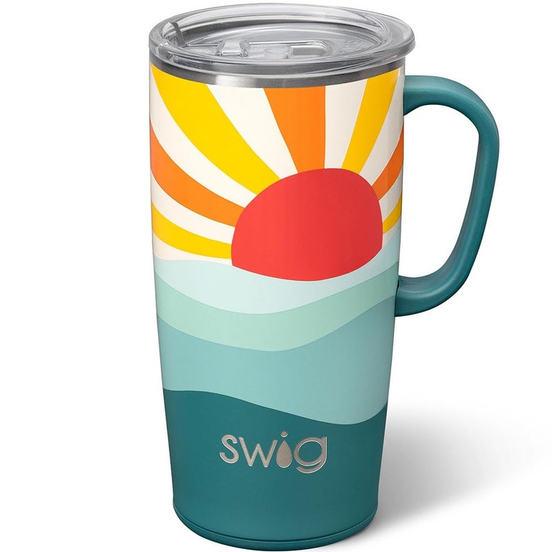 Swig Life 22oz Travel Mug Insulated Tumbler with Handle and Lid Cup Holder Friendly Dishwasher Safe Stainless Steel Travel Coffee Cup Insulated Mug with Lid Sun Dance