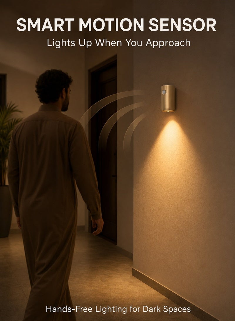 مصباح حائط LED قابل لإعادة الشحن بمستشعر حركة، إضاءة ليلية مغناطيسية لاسلكية بثلاث درجات حرارة لونية وسطوع قابل للتعديل وشحن Type-C للممر والسلالم وغرفة النوم والخزانة والمدخل، ذهبي، قطعة واحدة - Image 2
