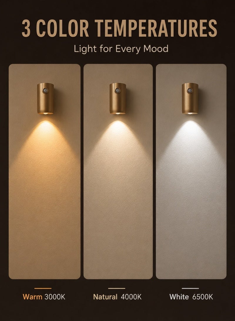 مصباح حائط LED قابل لإعادة الشحن بمستشعر حركة، إضاءة ليلية مغناطيسية لاسلكية بثلاث درجات حرارة لونية وسطوع قابل للتعديل وشحن Type-C للممر والسلالم وغرفة النوم والخزانة والمدخل، ذهبي، قطعة واحدة - Image 4