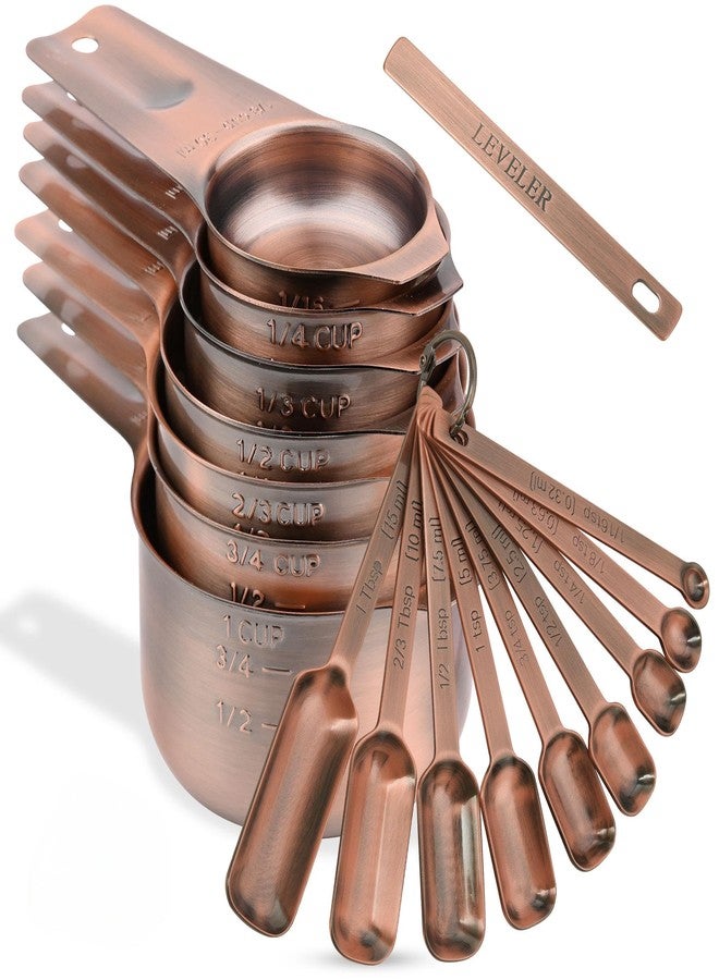 Kalsreui Copper Measuring Cups and Spoons Set 17, Stainless Steel Measuring Cups and Spoons for Dry & Liquid, Metal 7 Measure Cup and 9 Measure Spoon with 1 Leveler for Kitchen & Baking - Image 1