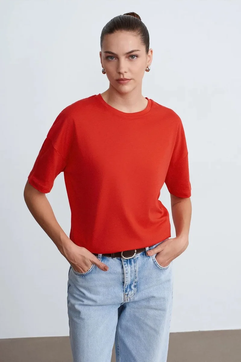Dilvin Red DILVIN Women's Cotton Crew Neck T-Shirt for Women | Best Price UAE