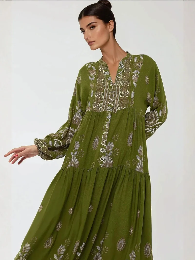 زوبعة فستان ماكسي طويل الأكمام من الفيسكوز مطبوع