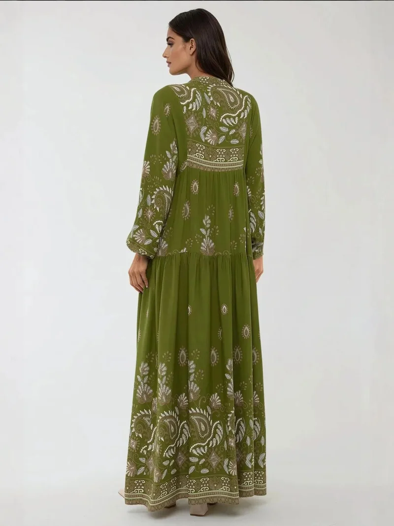Hiccup Khaki Green Printed Long Sleeve Viscose Maxi Dress for Women | Best Price UAE