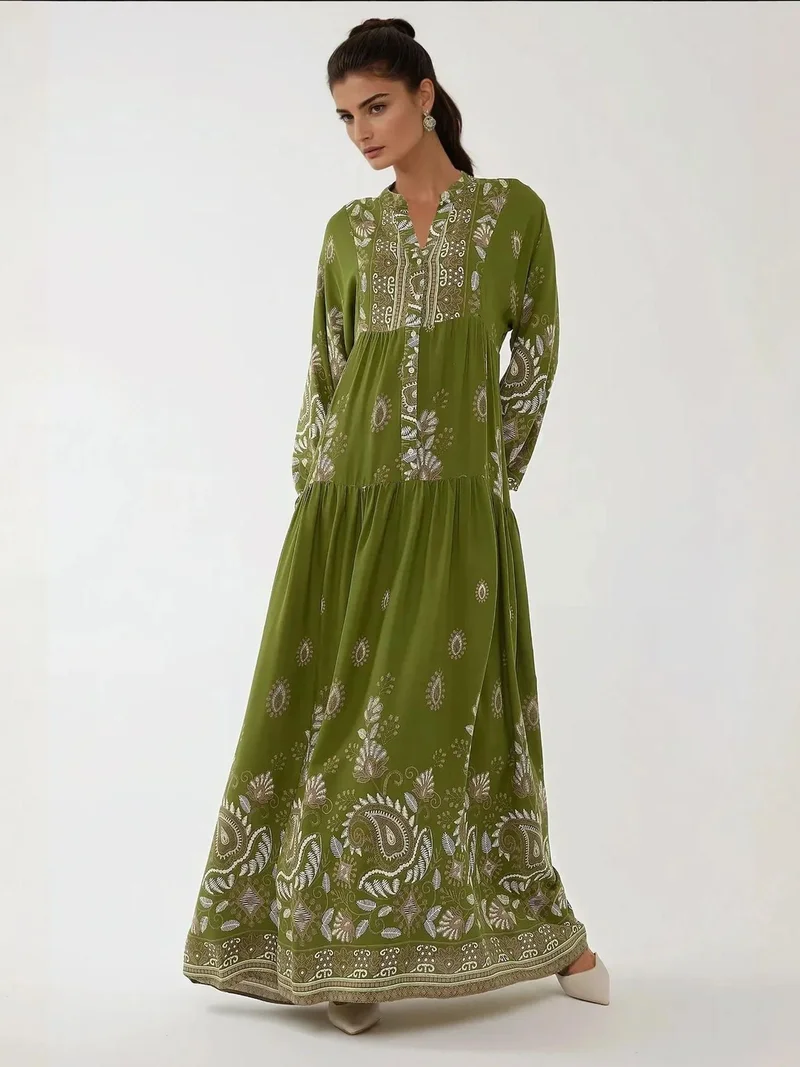 Hiccup Khaki Green Printed Long Sleeve Viscose Maxi Dress for Women | Best Price UAE