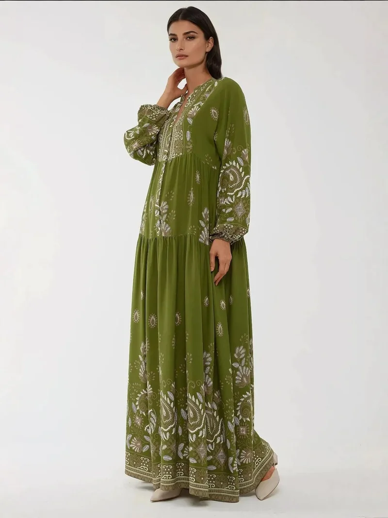Hiccup Khaki Green Printed Long Sleeve Viscose Maxi Dress for Women | Best Price UAE