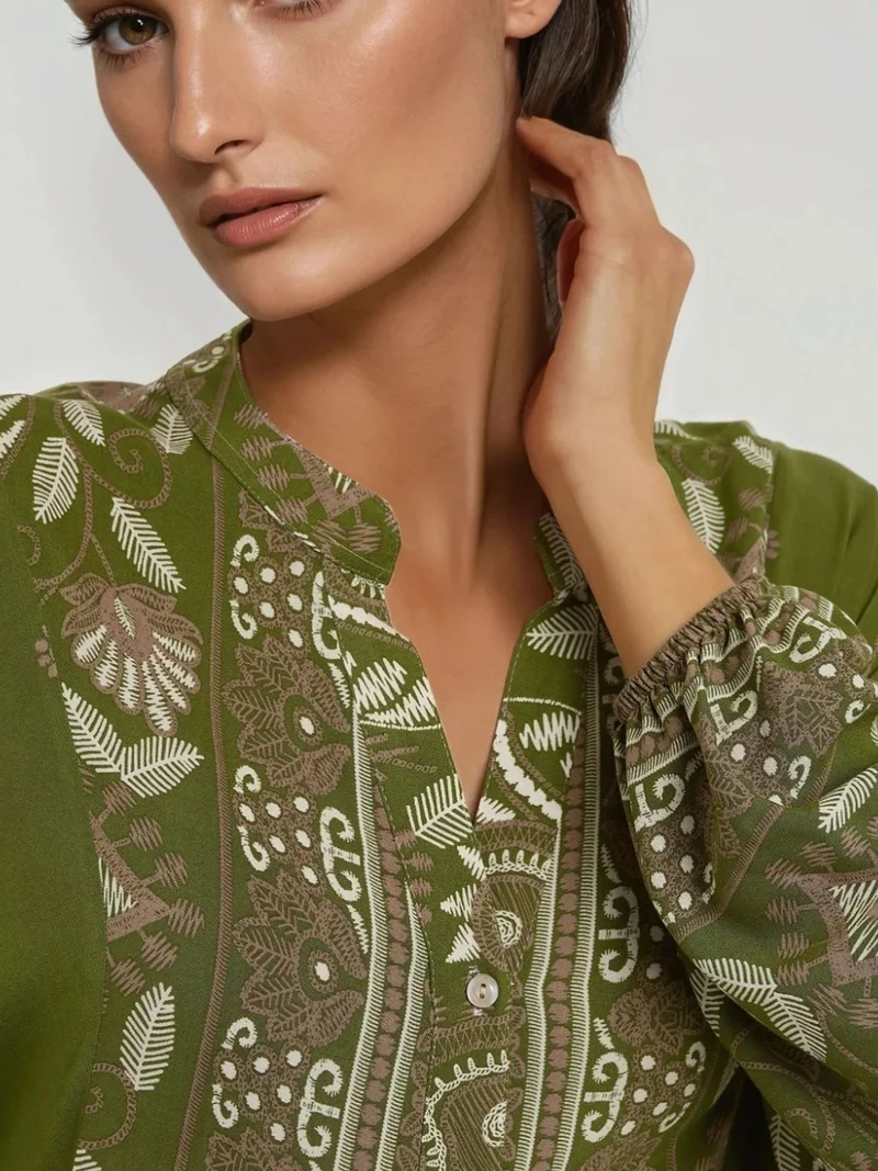Hiccup Khaki Green Printed Long Sleeve Viscose Maxi Dress for Women | Best Price UAE