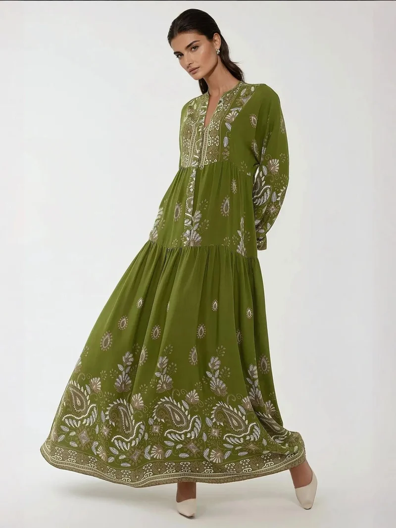 Hiccup Khaki Green Printed Long Sleeve Viscose Maxi Dress for Women | Best Price UAE