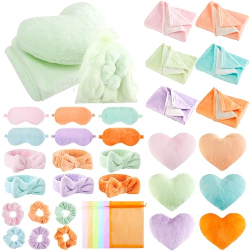 Fanfanwin 36 Pcs Sleepover Party Supplies for Girl Spa Slumber Birthday Favors Throw Blanket Pillow Eye Mask Headband Scrunchies Solid ColorMacron Color - Image 1