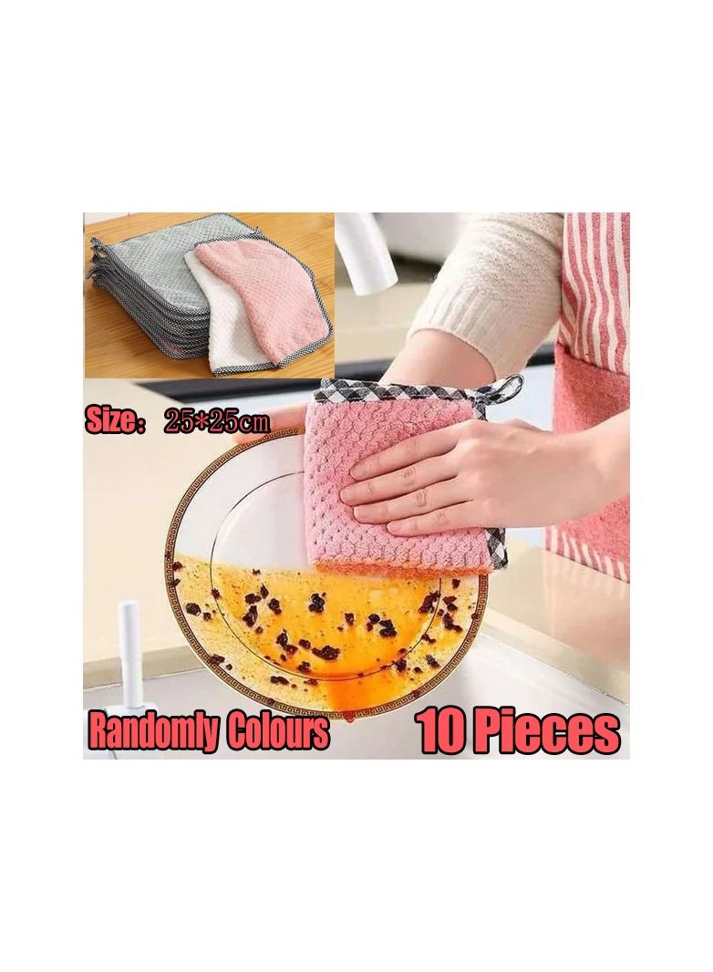 10-Pieces Kitchen Coral Velvet Dish Towel Rag,Non-stick Oil Dish Cloth Double-sided Absorbent Thickening Scouring Pad,Randomly Colours  - Image 1
