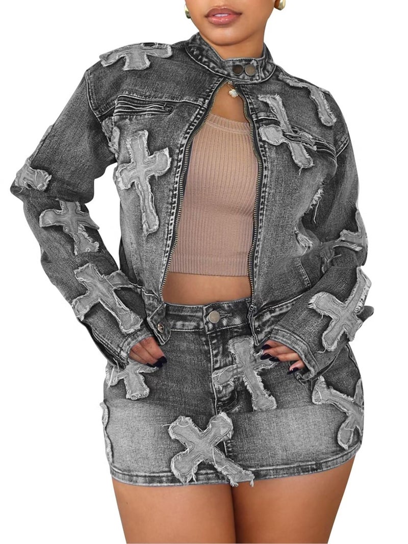 Uni Clau 2 Piece Denim Skirt Set for Women Y2K Long Sleeve Zipper Jean Jacket Top Mini Skirt Bodycon Set Two Piece Outfits Black - Image 1