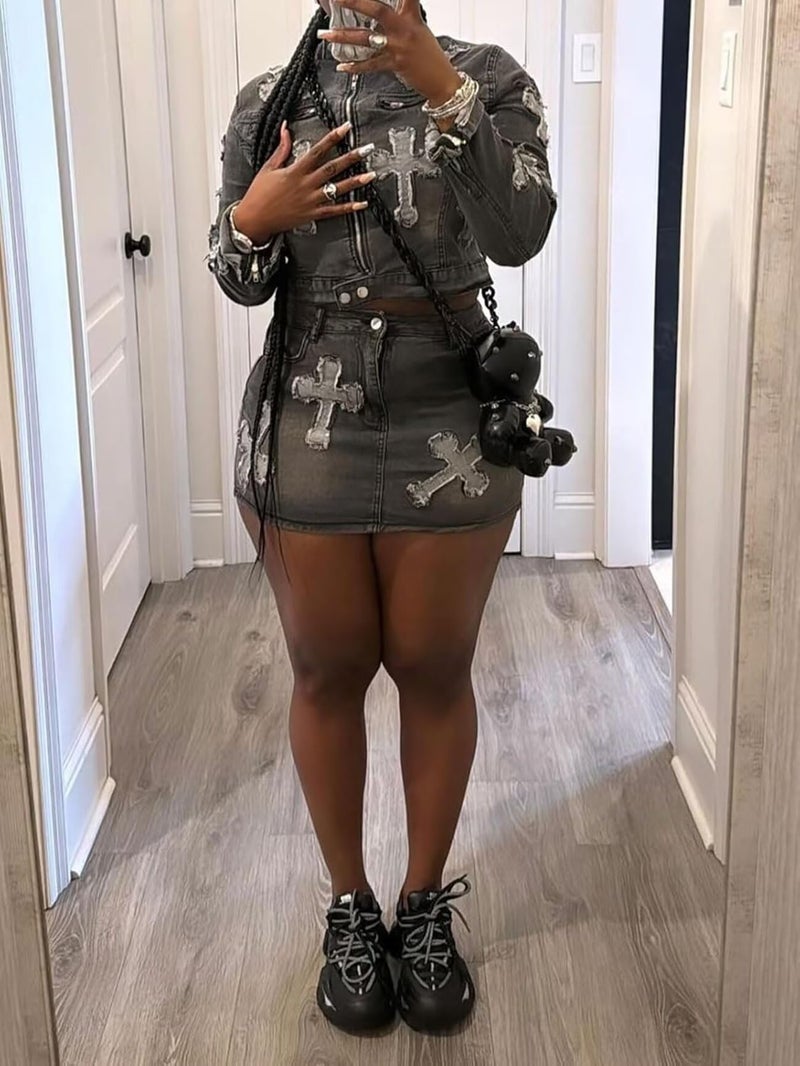 Uni Clau 2 Piece Denim Skirt Set for Women Y2K Long Sleeve Zipper Jean Jacket Top Mini Skirt Bodycon Set Two Piece Outfits Black - Image 3