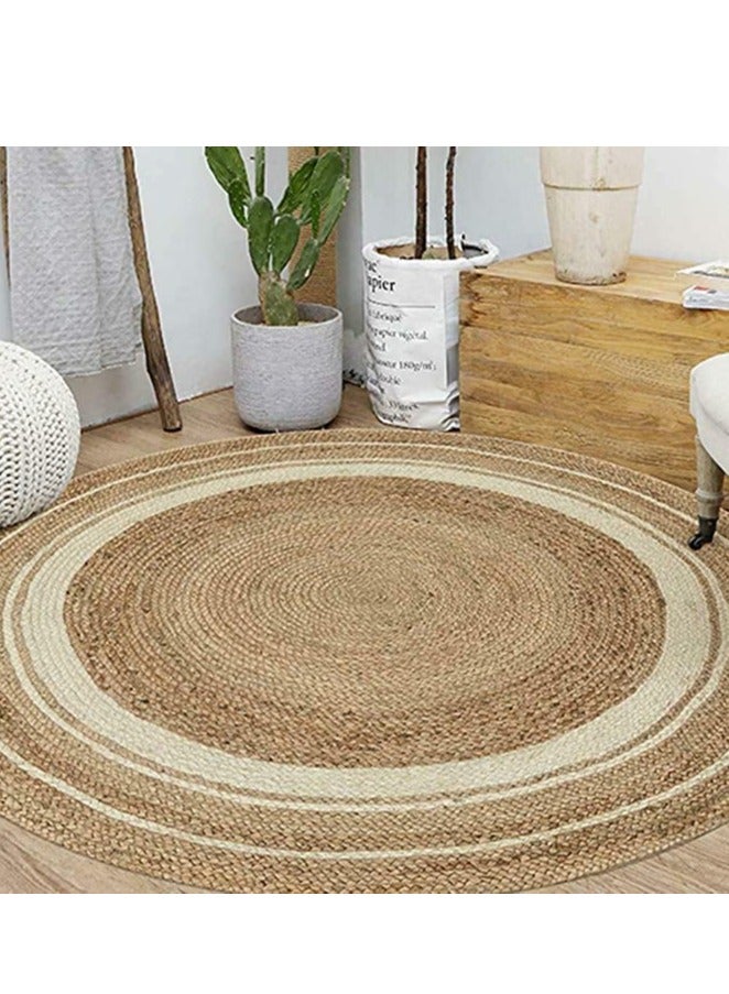 𝐅𝐅𝐃 Handwoven Natural Jute Round Rug – Eco-Friendly Boho Area Rug with White Border, Durable & Stylish Woven Carpet for Living Room, Bedroom, Entryway & Farmhouse Décor  - Image 1