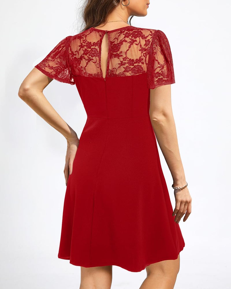 Holipick Red Dress with Short Lace Sleeve Cocktail Wedding Guest Semi Formal Party A line Short Dresses Women Teen S - Image 3