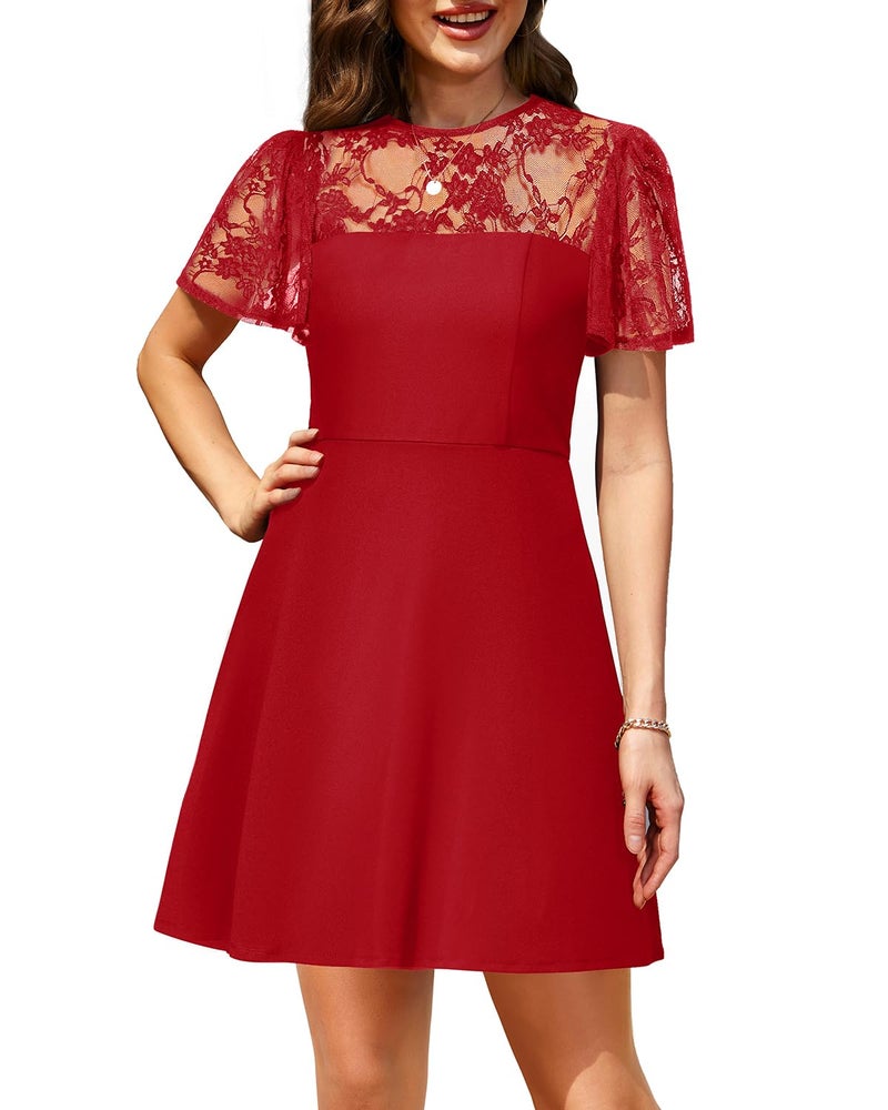 Holipick Red Dress with Short Lace Sleeve Cocktail Wedding Guest Semi Formal Party A line Short Dresses Women Teen S - Image 4