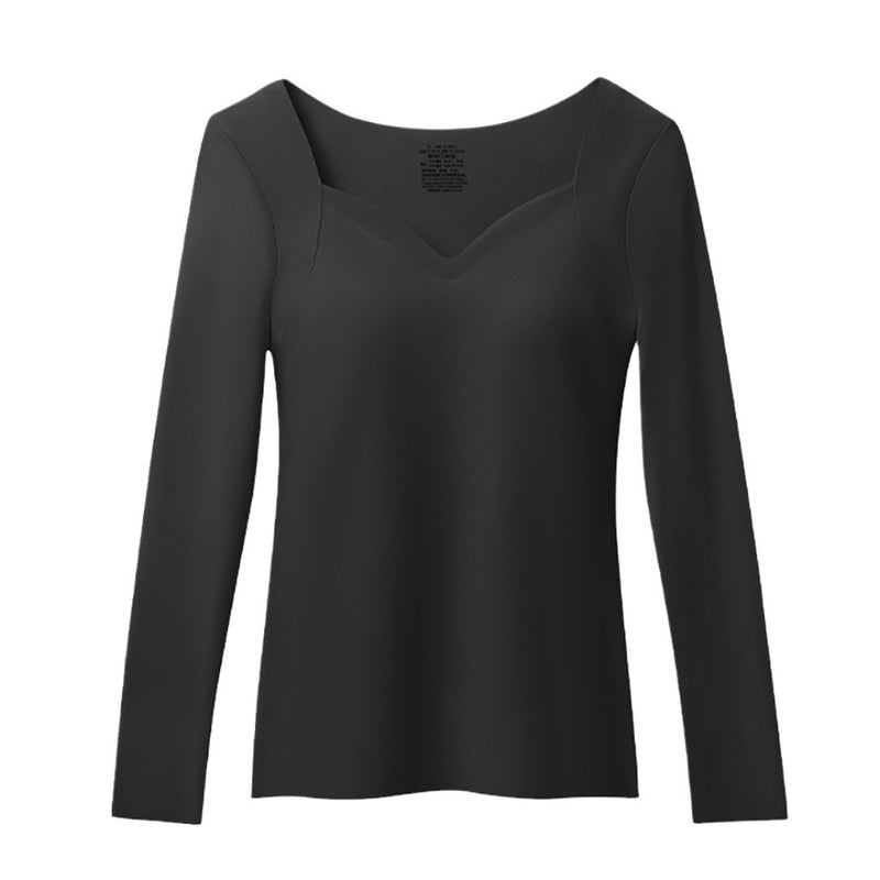 Autumn and Winter Seamless Warm Long-Sleeved Three-in-One Skin Beauty with Chest Pad Autumn Clothes Womens Slim-Fit Low Collar Top Underwear Base Shirt Black