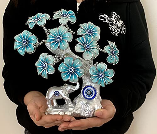 Betterdecor Blue Evil Eye Turkish Nazar Lucky Forutne Tree Bonsai with Elephant Home Office Decor Ornament (Silver-Blue) - Image 4