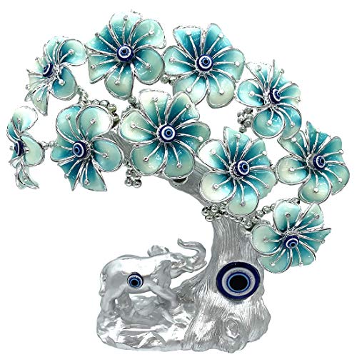 Betterdecor Blue Evil Eye Turkish Nazar Lucky Forutne Tree Bonsai with Elephant Home Office Decor Ornament (Silver-Blue) - Image 1