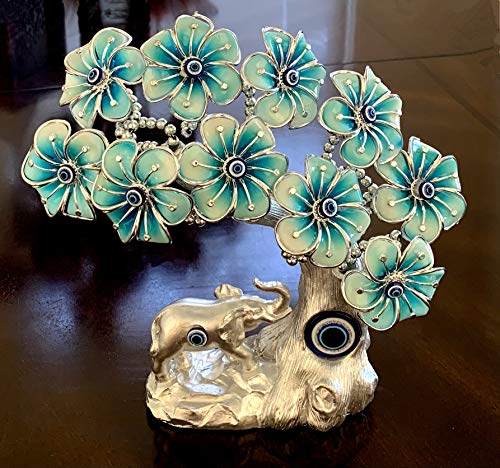 Betterdecor Blue Evil Eye Turkish Nazar Lucky Forutne Tree Bonsai with Elephant Home Office Decor Ornament (Silver-Blue) - Image 2
