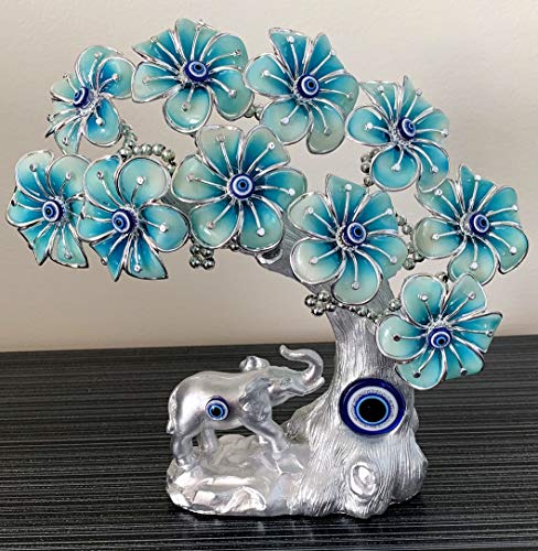 Betterdecor Blue Evil Eye Turkish Nazar Lucky Forutne Tree Bonsai with Elephant Home Office Decor Ornament (Silver-Blue) - Image 3