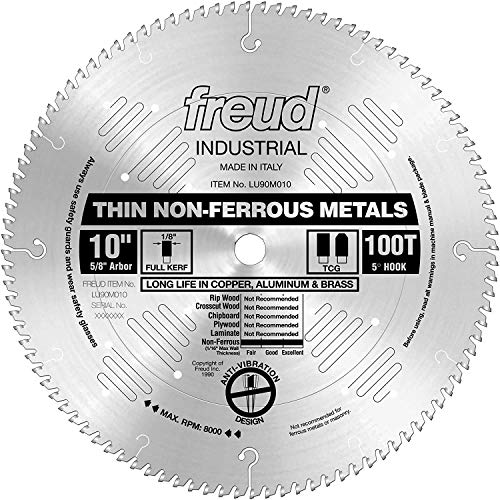 Freud Thin Stock NonFerrous Metal Saw Blade Ideal Use for Aluminum Brass and NonFerrous Metals 10 Diameter 100 Teeth 58 Arbor LU90M010 - Image 1