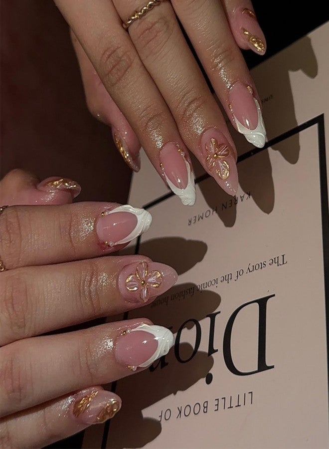 Press On Nails Glitter Fake Nails With 3D Ocean Shell Design Glossy Glue On Nails Gold Line Stick On Nails Reusable Artificial Acrylic Full Cover Short Almond False Nails For Women Manicure 24Pcs