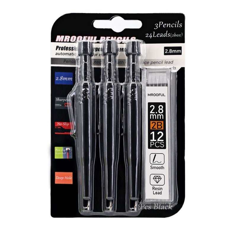 Carpenter Pencil Set 2 8 mm Solid Color Mechanical Drafting Pencils Built In Sharpener Anti Roll Clip High Capacity Leads Less Likely to Break Marking Pens Black 3 24 Lead Wires - Image 1