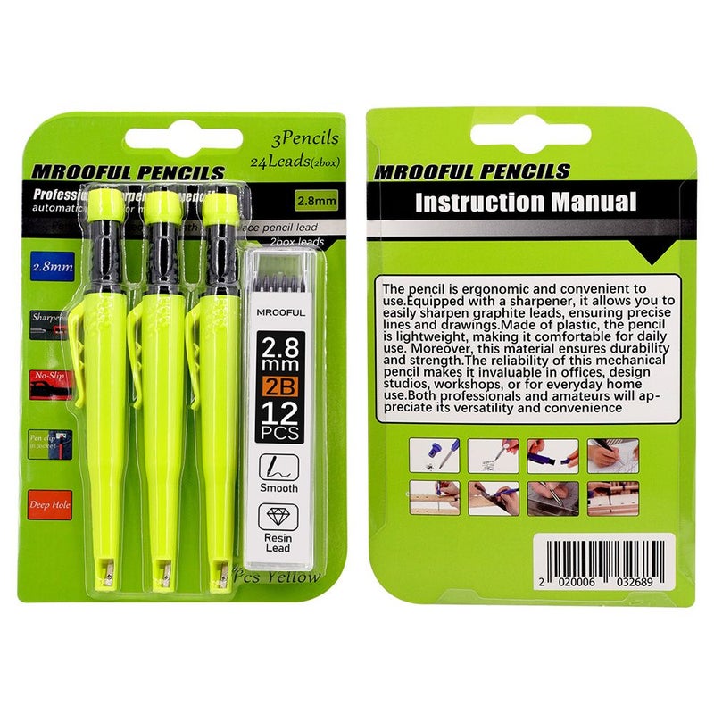 Carpenter Pencil Set 2 8 mm Solid Color Mechanical Drafting Pencils Built In Sharpener Anti Roll Clip High Capacity Leads Less Likely to Break Marking Pens Black 3 24 Lead Wires - Image 2