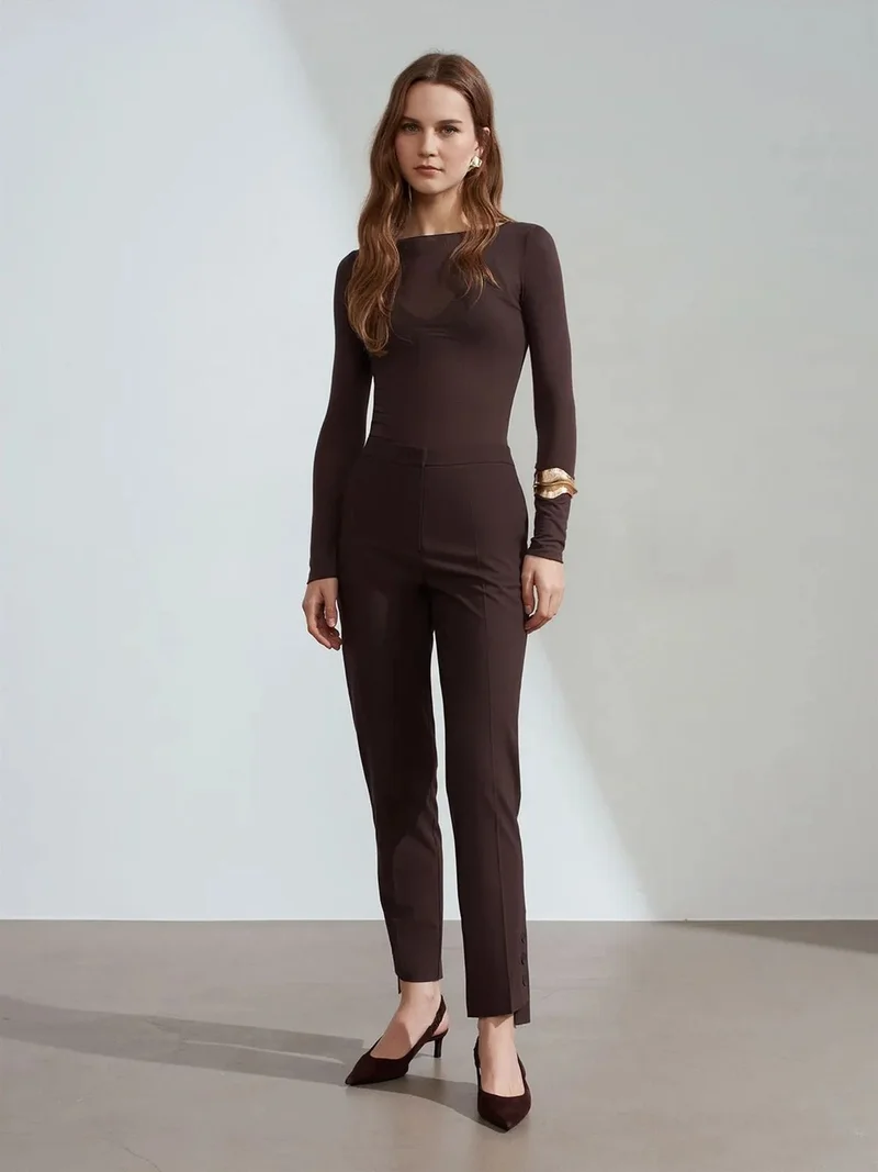 ديلفين Dilvin Women's Mid-Waist Straight Crepe Trousers