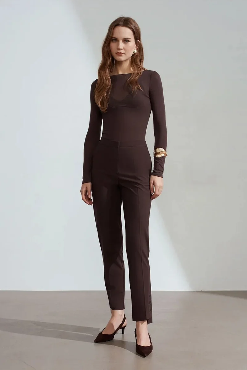 ديلفين DILVIN Women's Mid-Waist Straight Crepe Trousers