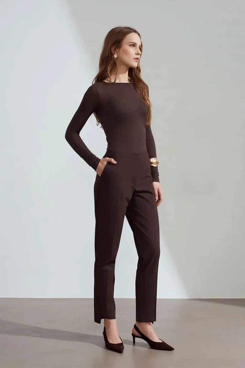 Dilvin Dark Mocha Brown DILVIN Women's Mid-Waist Straight Crepe Trousers for Women | Best Price UAE