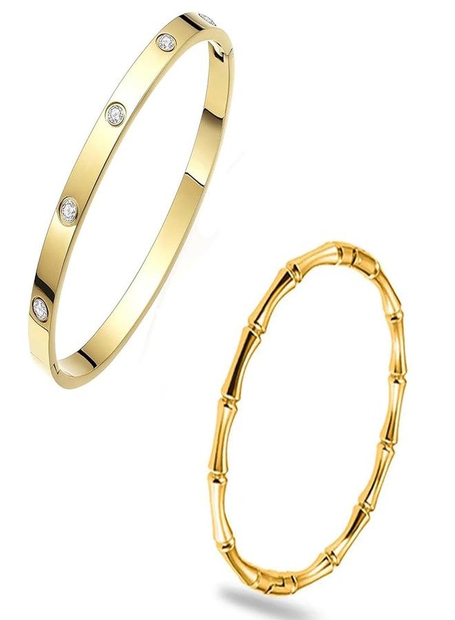 Okos Gold Plated Kada Bracelet Combo for Women and Girls | Crystal Studded Bangle & Bamboo Design Kada Set | Trendy Jewellery Wear CO1000505GLD - Image 1
