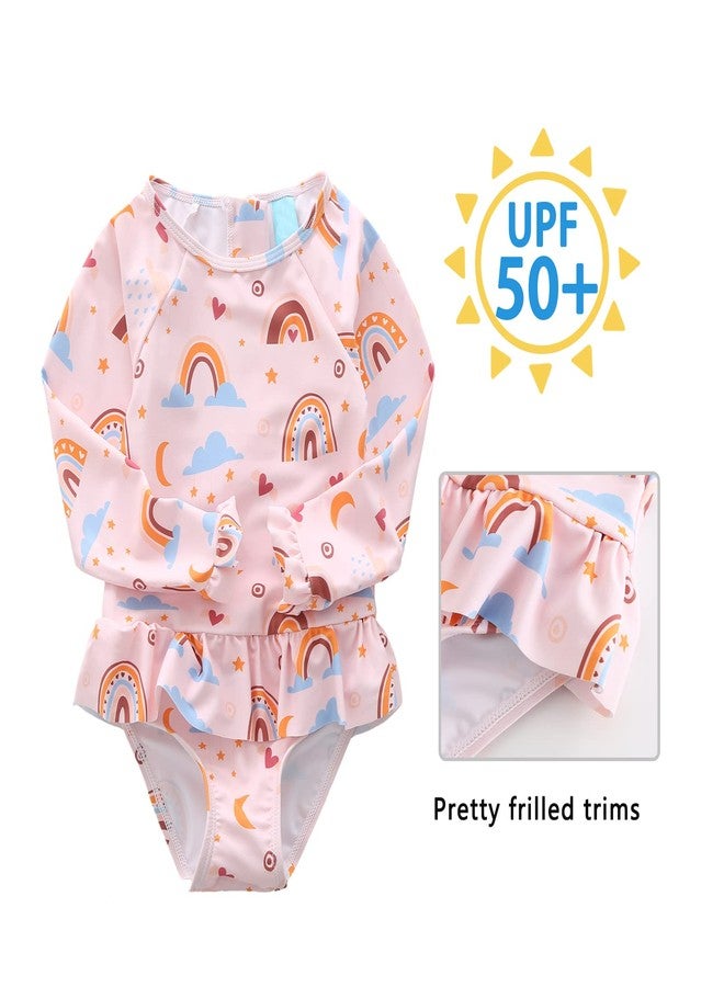 Aisyee Toddler Girls One Piece Swimsuits Long Sleeve Rash Guard Swimshirts Pink Rainbow 4T - Image 3