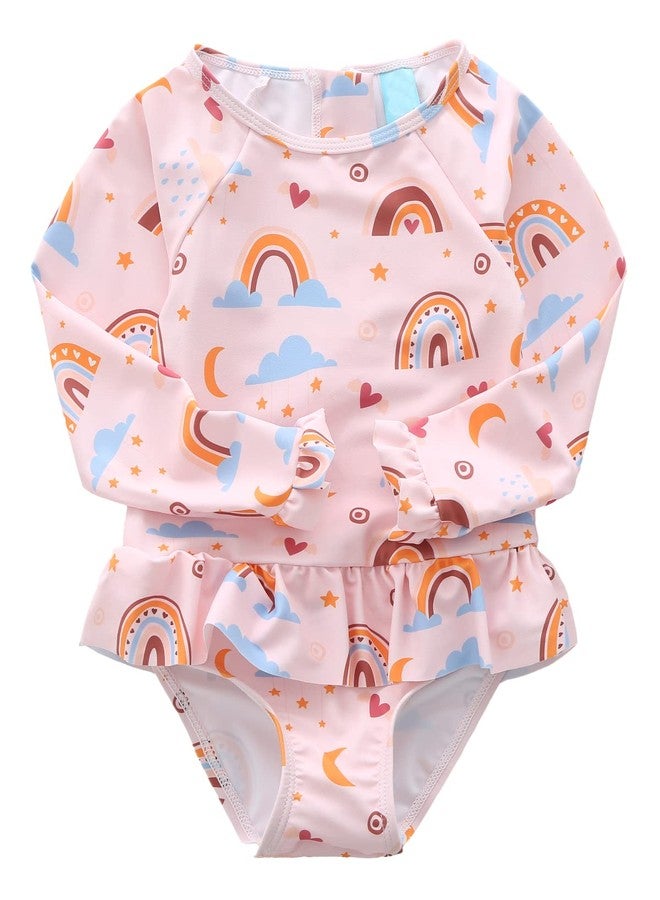 Aisyee Toddler Girls One Piece Swimsuits Long Sleeve Rash Guard Swimshirts Pink Rainbow 4T - Image 1