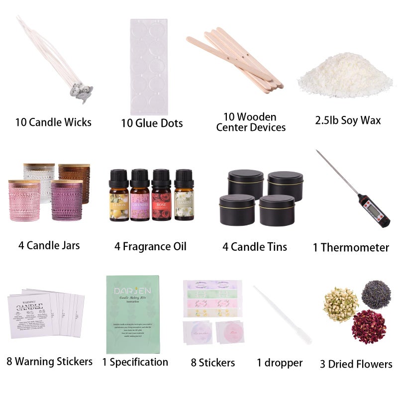 DARJEN Candle Making Kits for Adults- Candle Making Supplies with 4 Candle Jars(Clear, Pink, Purple, Amber), Candle Tins, Soy Wax, Scents, Dried Flower & More, DIY Starter Candle Making Kit Home Decor - Image 2