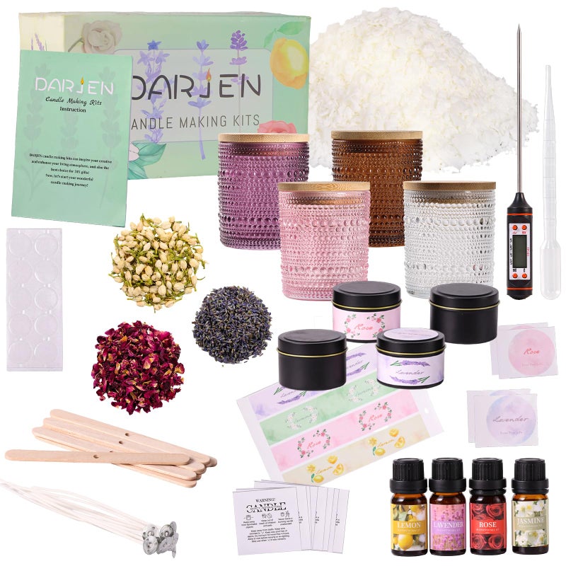 DARJEN Candle Making Kits for Adults- Candle Making Supplies with 4 Candle Jars(Clear, Pink, Purple, Amber), Candle Tins, Soy Wax, Scents, Dried Flower & More, DIY Starter Candle Making Kit Home Decor - Image 1
