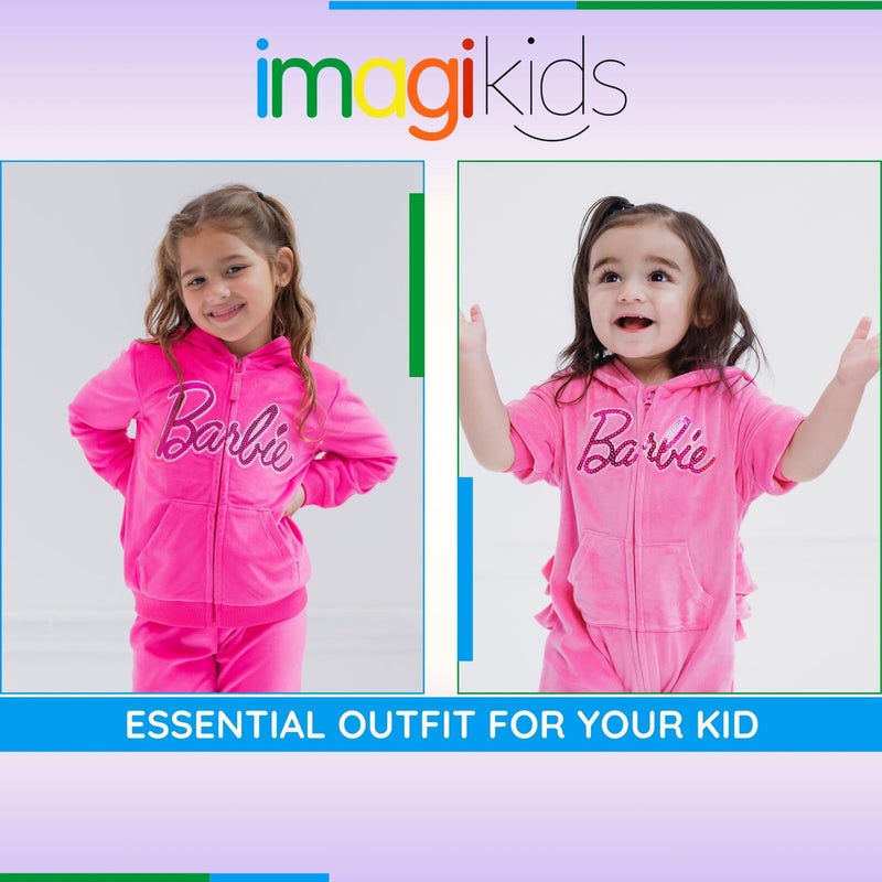 Barbie Little Girls Velour Zip Up Hoodie Pants Outfit Set Pink 6 - Image 3