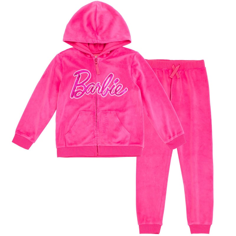 Barbie Little Girls Velour Zip Up Hoodie Pants Outfit Set Pink 6 - Image 1