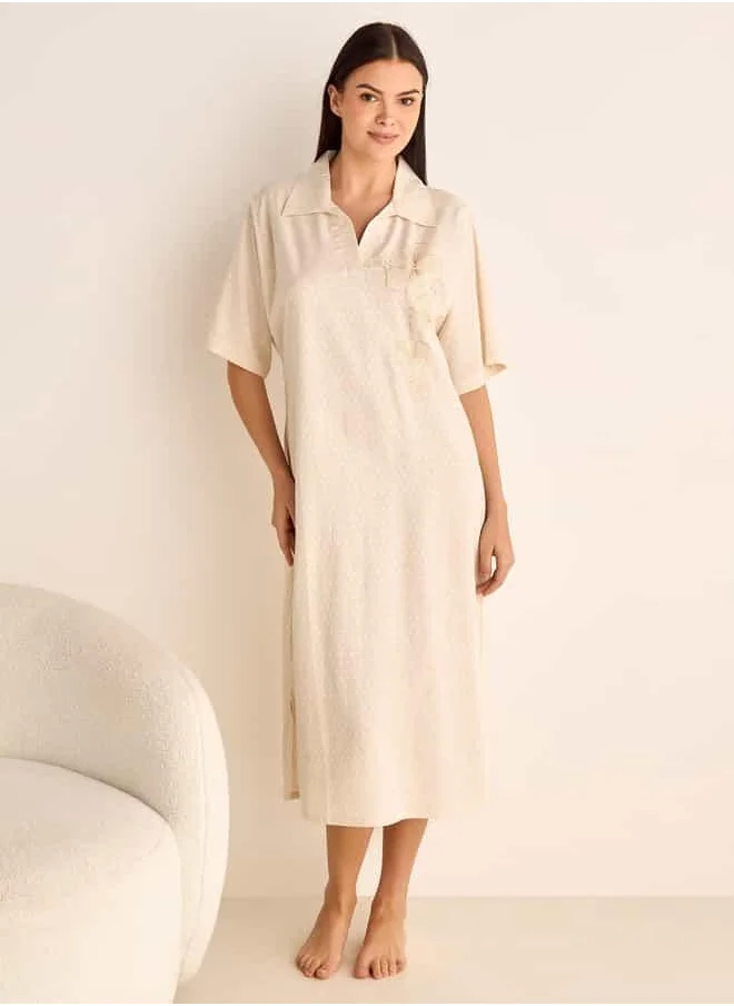 فاف Floral Embroidered Dobby Sleepshirt with Collar and Short Sleeves