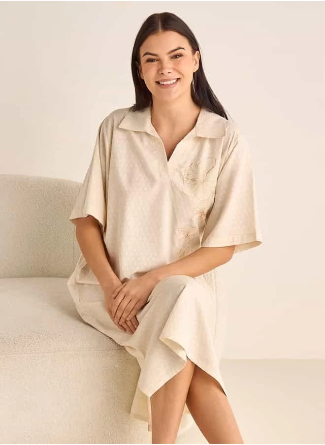 فاف Floral Embroidered Dobby Sleepshirt with Collar and Short Sleeves