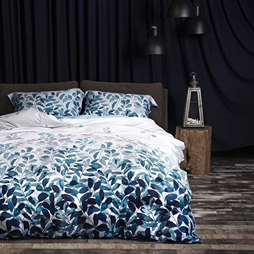 MILDLY 100% Long Staple Cotton Duvet Cover Set Navy Blue Leaves Printed Comforter Cover Set - Image 1