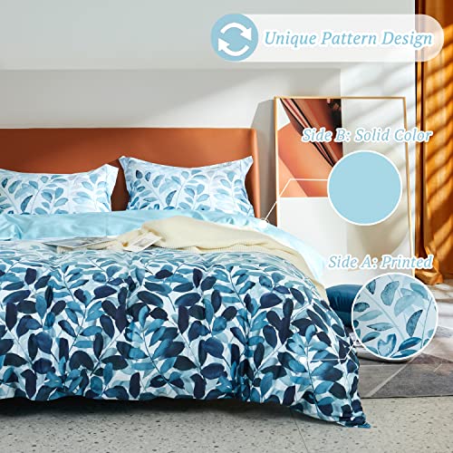 MILDLY 100% Long Staple Cotton Duvet Cover Set Navy Blue Leaves Printed Comforter Cover Set - Image 3