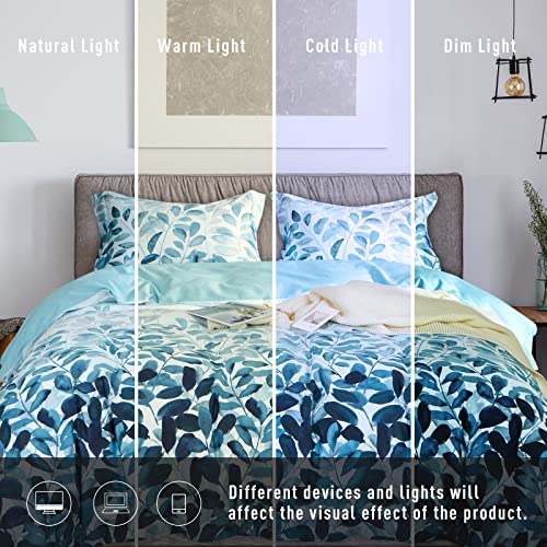 MILDLY 100% Long Staple Cotton Duvet Cover Set Navy Blue Leaves Printed Comforter Cover Set - Image 4