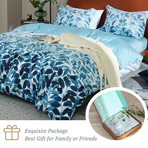 MILDLY 100% Long Staple Cotton Duvet Cover Set Navy Blue Leaves Printed Comforter Cover Set - Image 5
