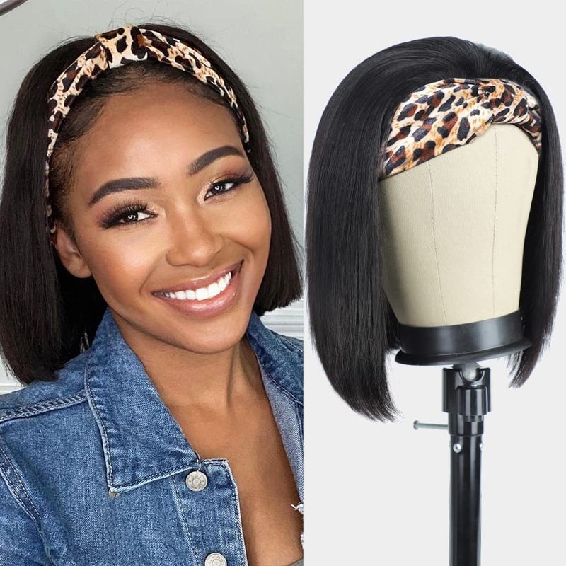 AISI Headband Wigs Human Hair Bob Headband Wigs for Black Women Easy Put On and Go Glueless Wig Short Straight Wigs Machine Made 150% Density No Lace Wig Natural Color(10 Inch) - Image 1