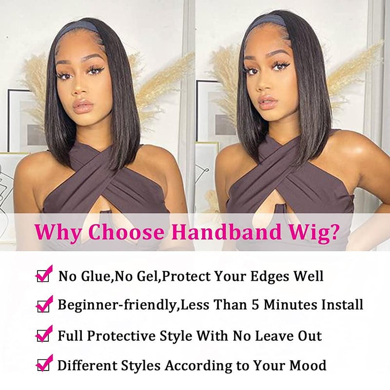 AISI Headband Wigs Human Hair Bob Headband Wigs for Black Women Easy Put On and Go Glueless Wig Short Straight Wigs Machine Made 150% Density No Lace Wig Natural Color(10 Inch) - Image 4