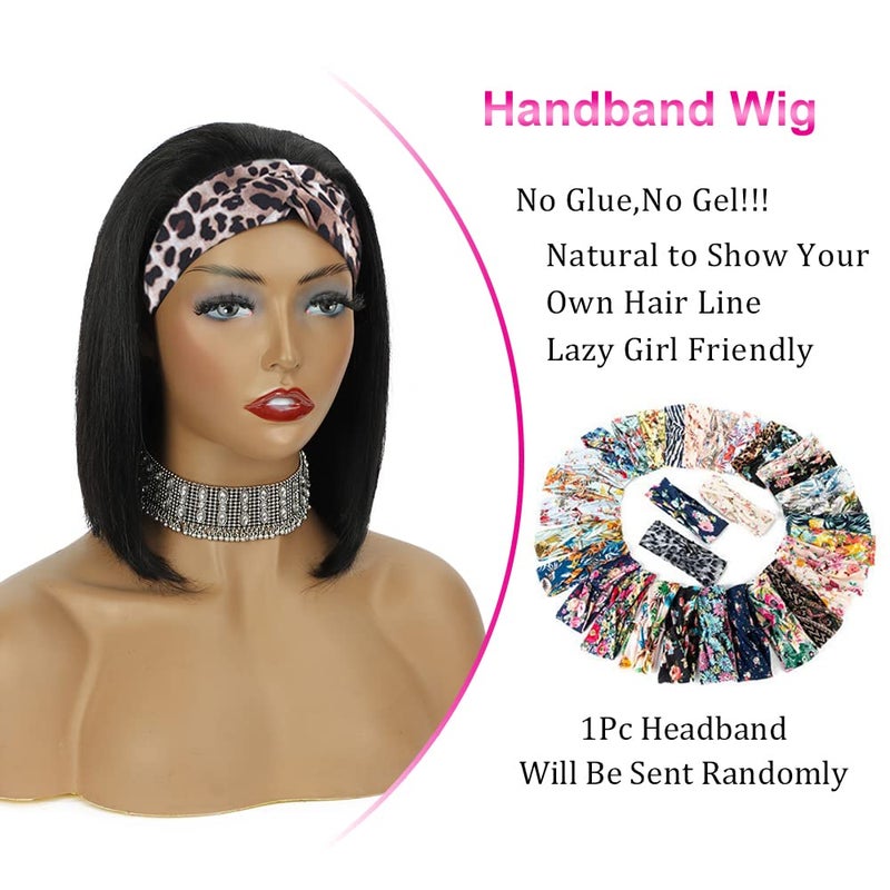 AISI Headband Wigs Human Hair Bob Headband Wigs for Black Women Easy Put On and Go Glueless Wig Short Straight Wigs Machine Made 150% Density No Lace Wig Natural Color(10 Inch) - Image 5